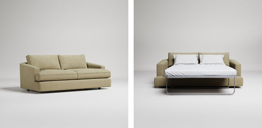Custom-made comfortable sofa bed from MOMU in showroom setting
