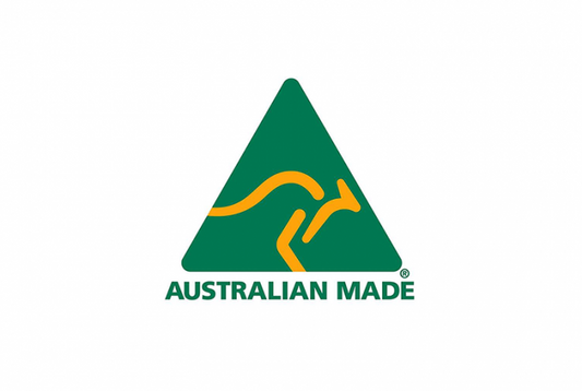 "Australian Made" green triangle logo with yellow kangaroo silhouette, trademark symbol on white background
