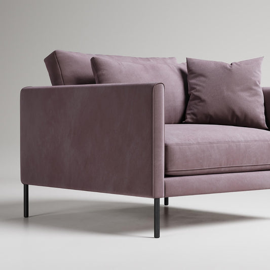 Modern mauve velvet sofa with slim black metal legs and clean lines, shown against neutral background
