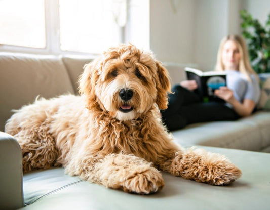 Goldendoodle dog lounges on couch while person reads book in background, indoor home setting, natural light