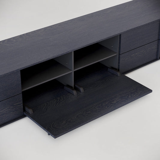 Wall-mounted timber TV unit with hidden storage in Melbourne home