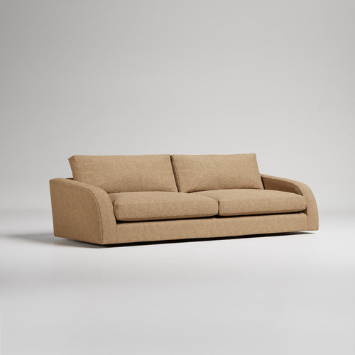 Modern beige fabric sofa with curved arms against white background, minimalist contemporary design