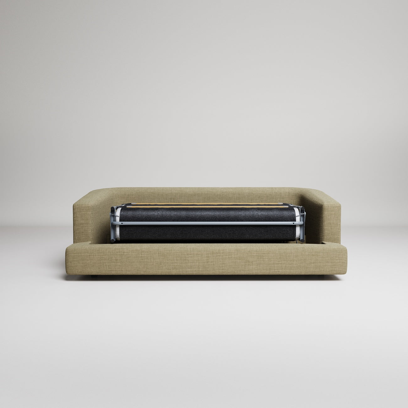 Modern beige sofa bed with black mattress roll mechanism shown in closed position against neutral background