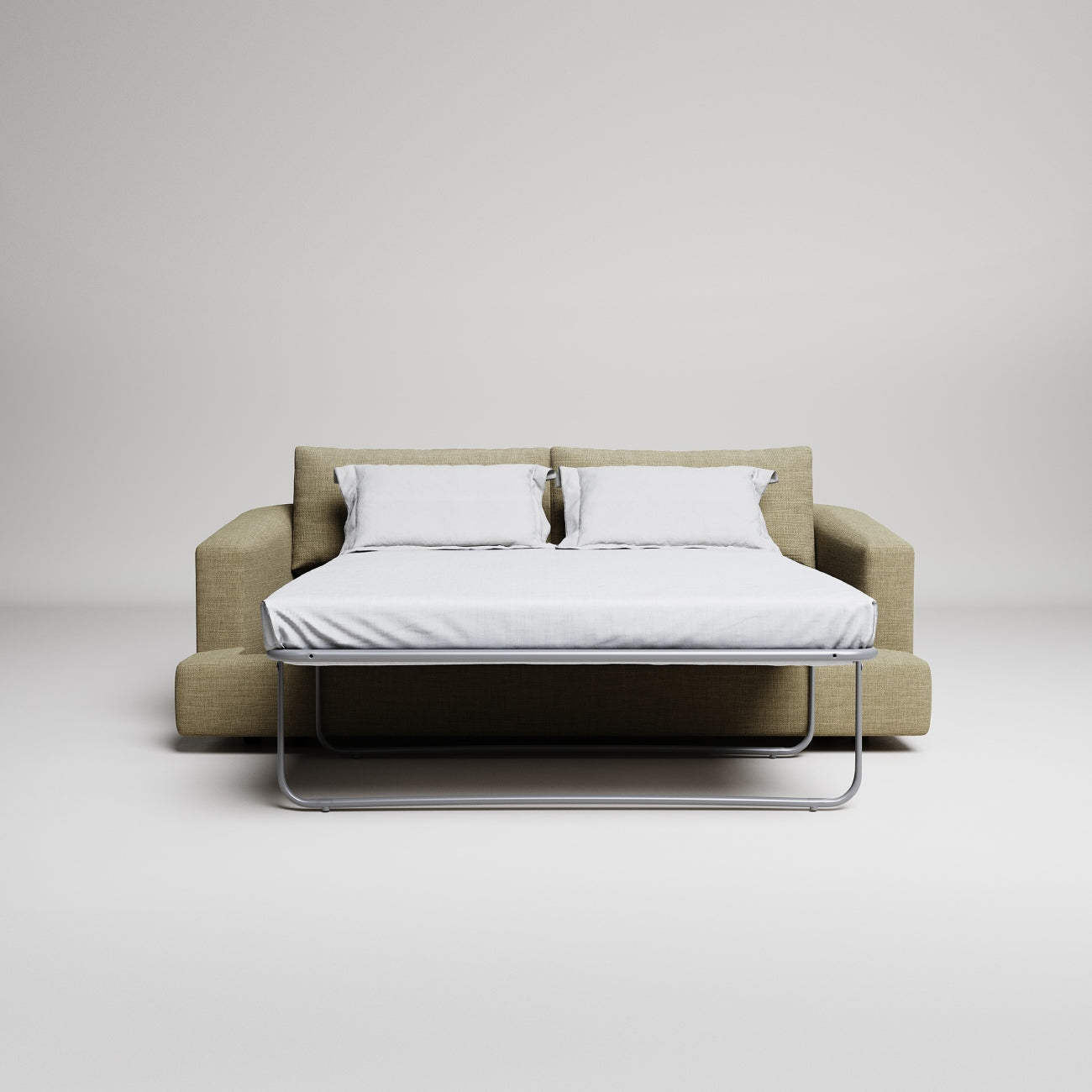 Modern beige pull-out sofa bed with white bedding and metal frame, shown fully extended against light background