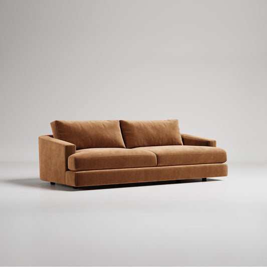 Tan coloured velvet two seat sofa