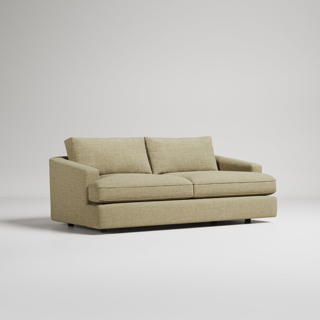 Modern beige linen loveseat with clean lines and plush cushions against white background