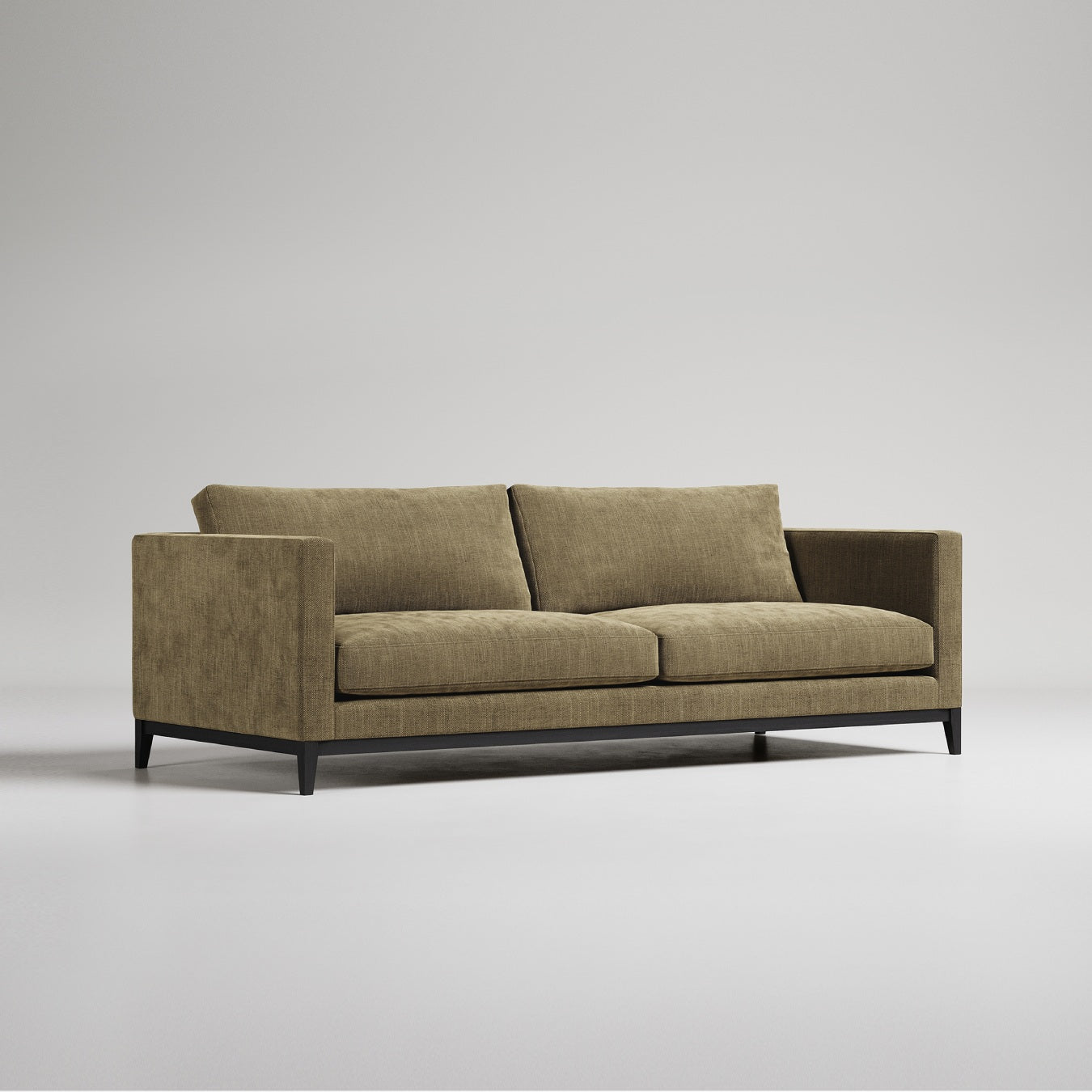 Modern olive green velvet sofa with clean lines and black legs, photographed against white background