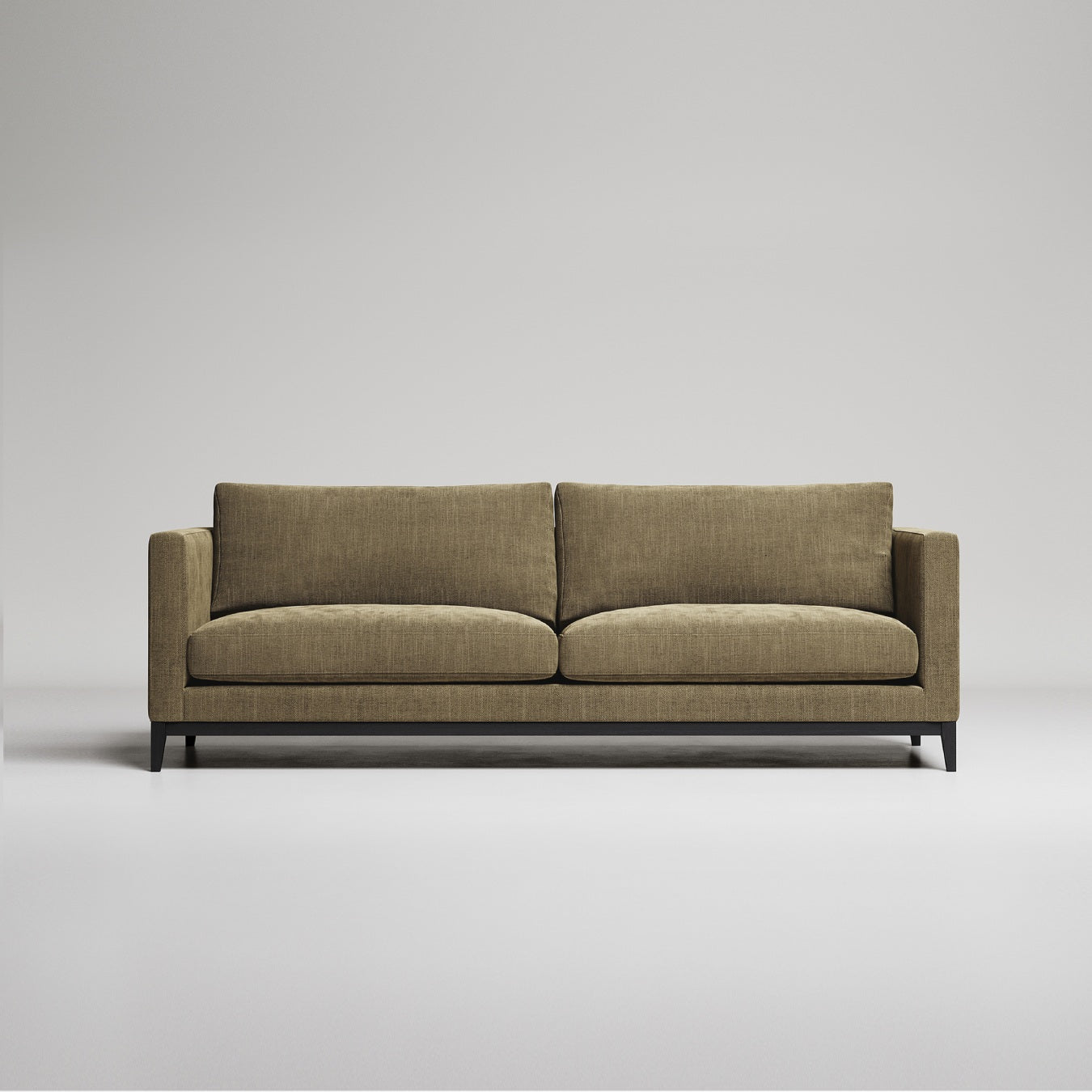 Modern olive green upholstered sofa with clean lines and dark wooden legs against neutral grey background