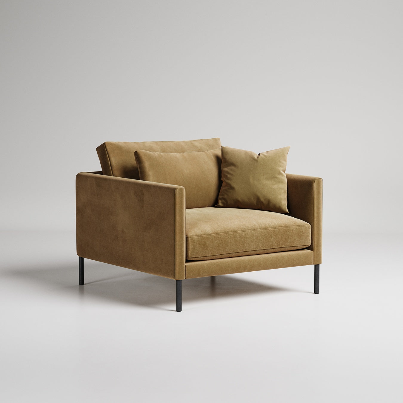 Modern camel velvet armchair with black metal legs on light gray background, studio product photography