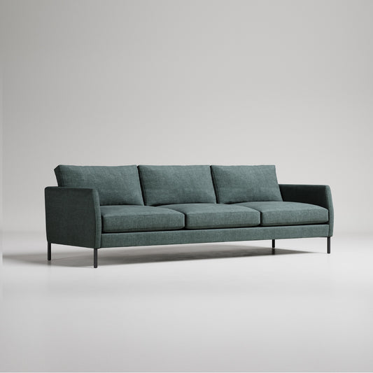 dark blue three seater sofa with slim arms and black legs