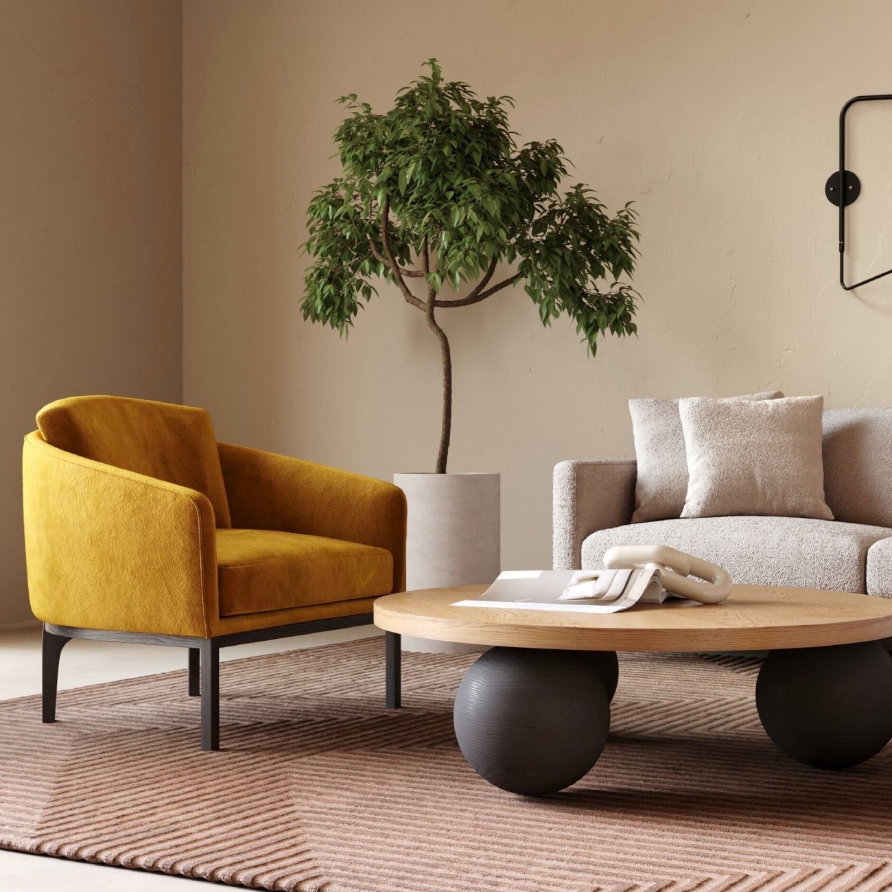 Modern living room with mustard armchair, round wooden coffee table, beige sofa, and potted indoor tree