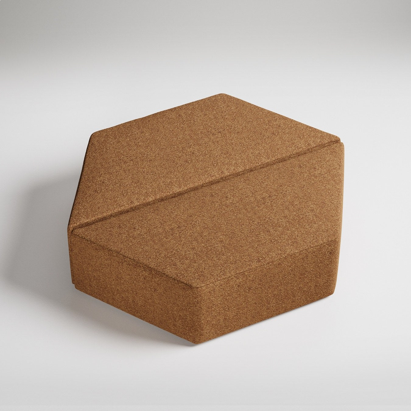 Hexagonal cork yoga block on white background casting subtle shadow, sustainable fitness equipment