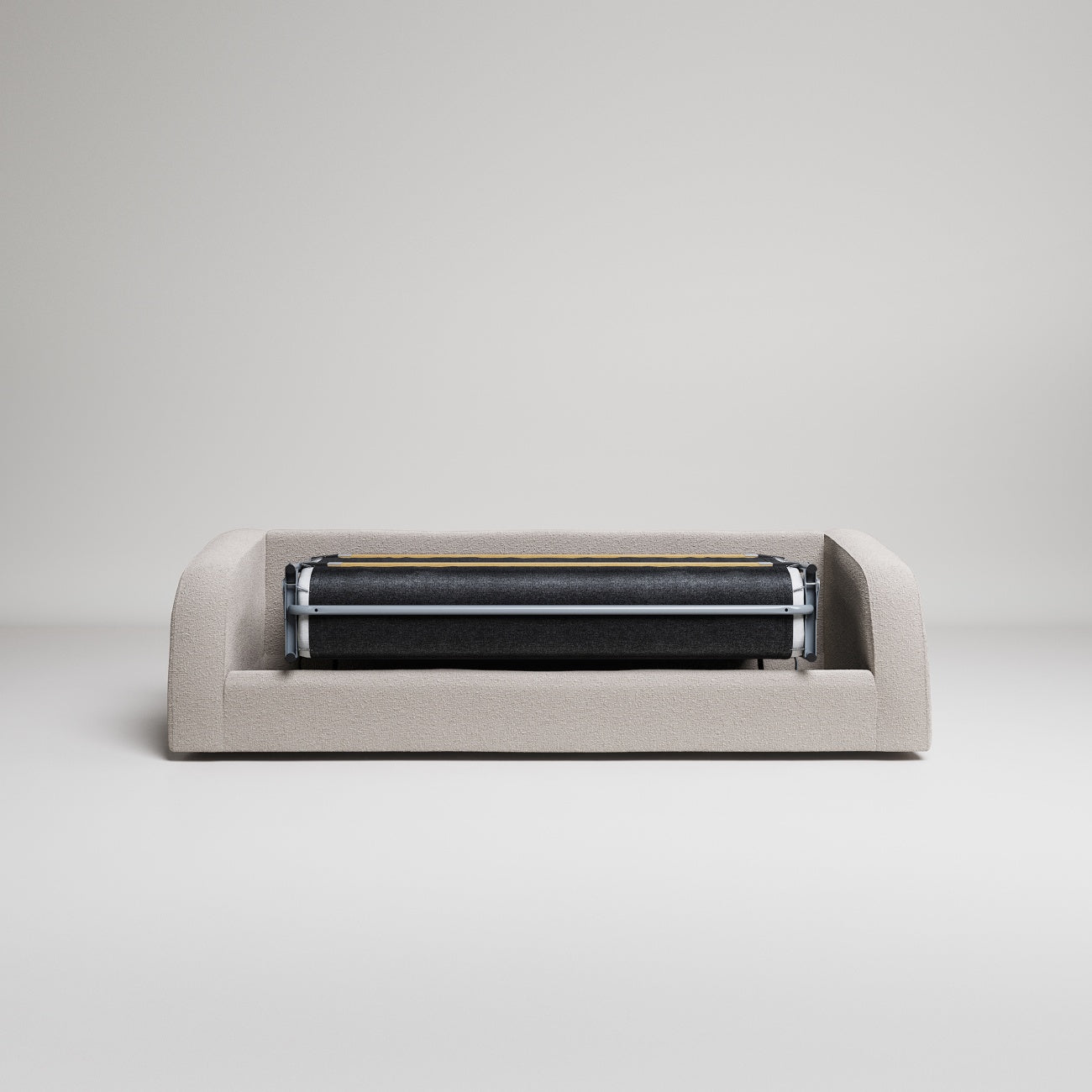 Minimalist beige thermal printer device with black roller mechanism, isolated on light gray background