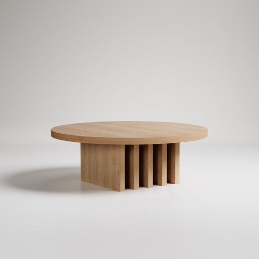Modern round wooden coffee table with geometric slatted base design on white background