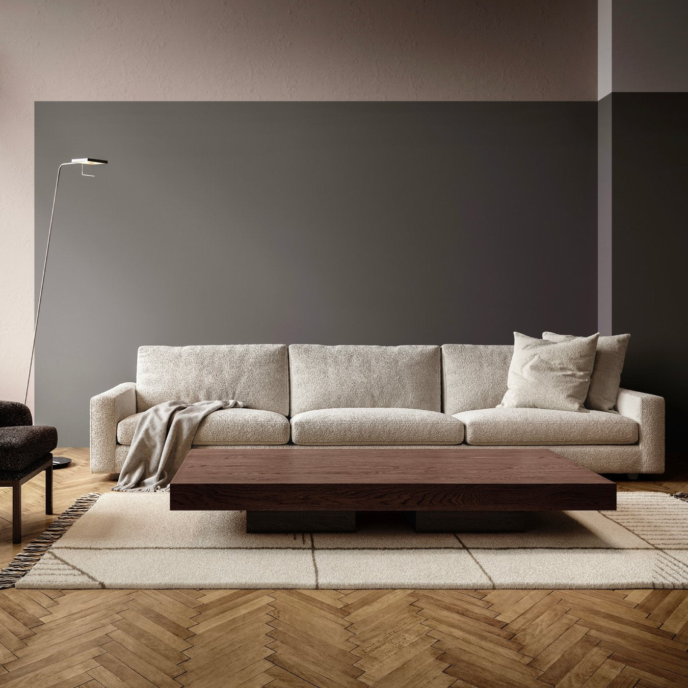 Modern living room with a gray sofa, timber coffee table and minimal decor.