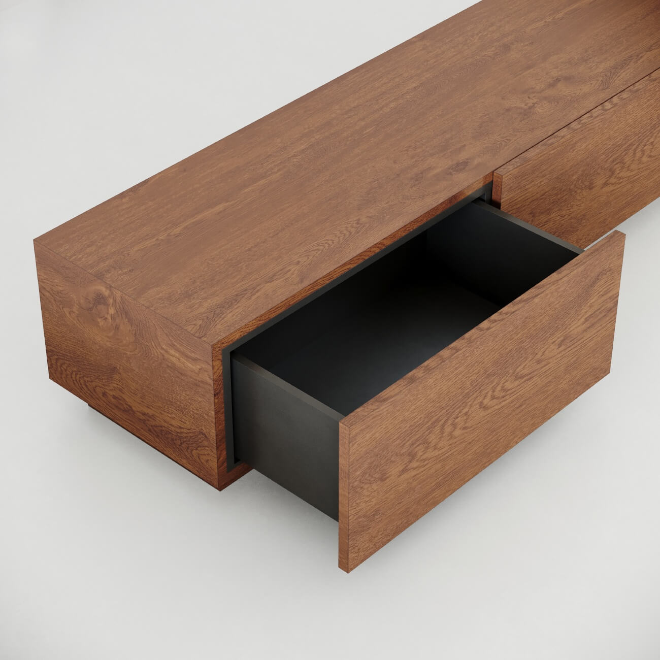 Modern floating shelf with hidden storage drawer in warm oak wood and matte black interior, on white background