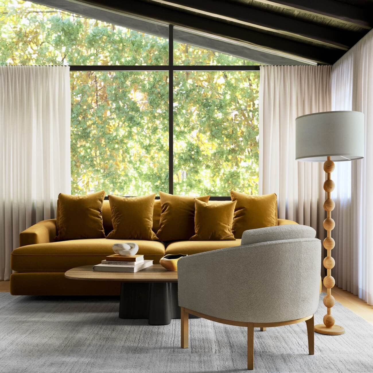 Modern living room with gold velvet sofa, gray armchair, wood floor lamp, facing large window with white curtains