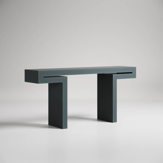 Minimalist dark gray console table with geometric design, two rectangular legs and slim horizontal gaps