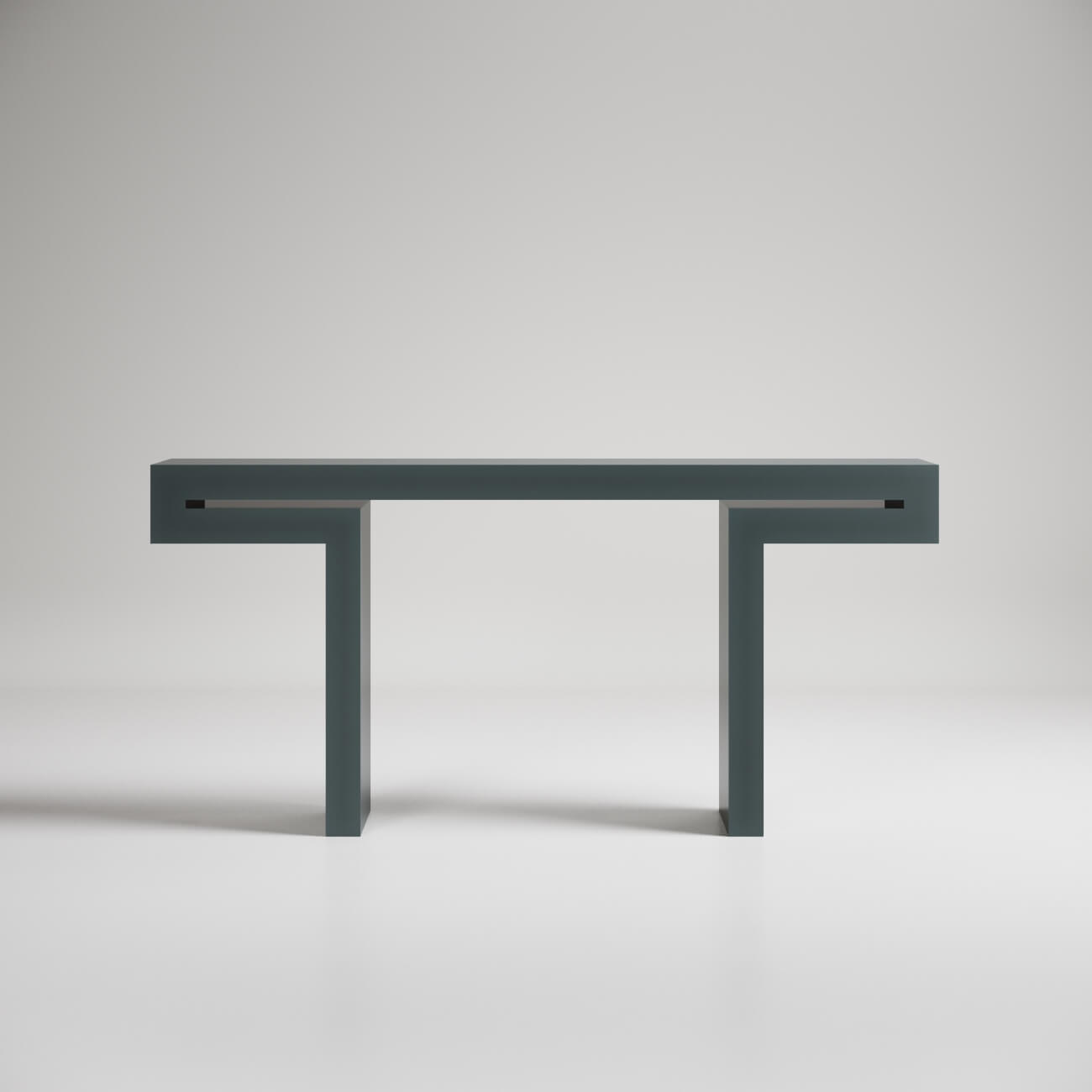 Modern minimalist gray console table with geometric T-shaped base and sleek horizontal top design
