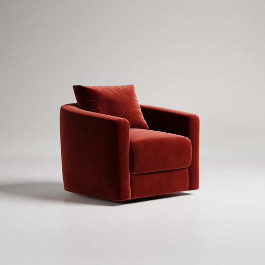 Modern rust-red velvet swivel armchair with clean lines against white background