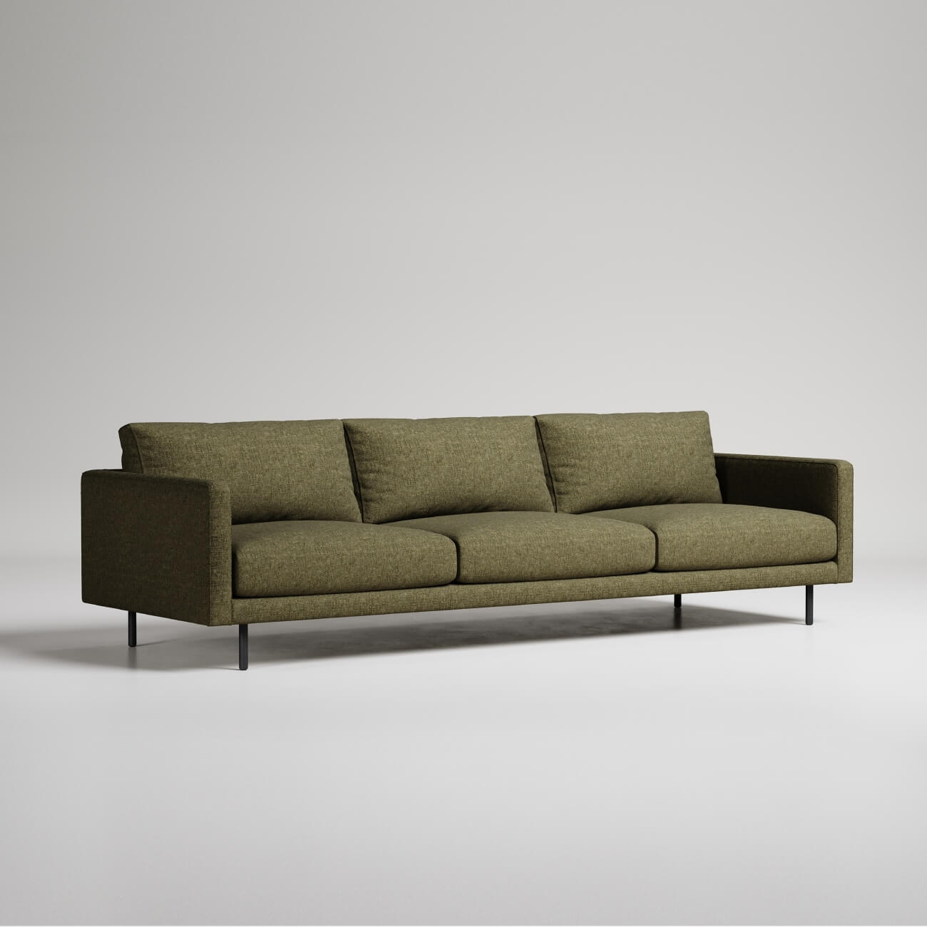 Modern olive green 3-seater sofa with black metal legs on white background, minimalist design