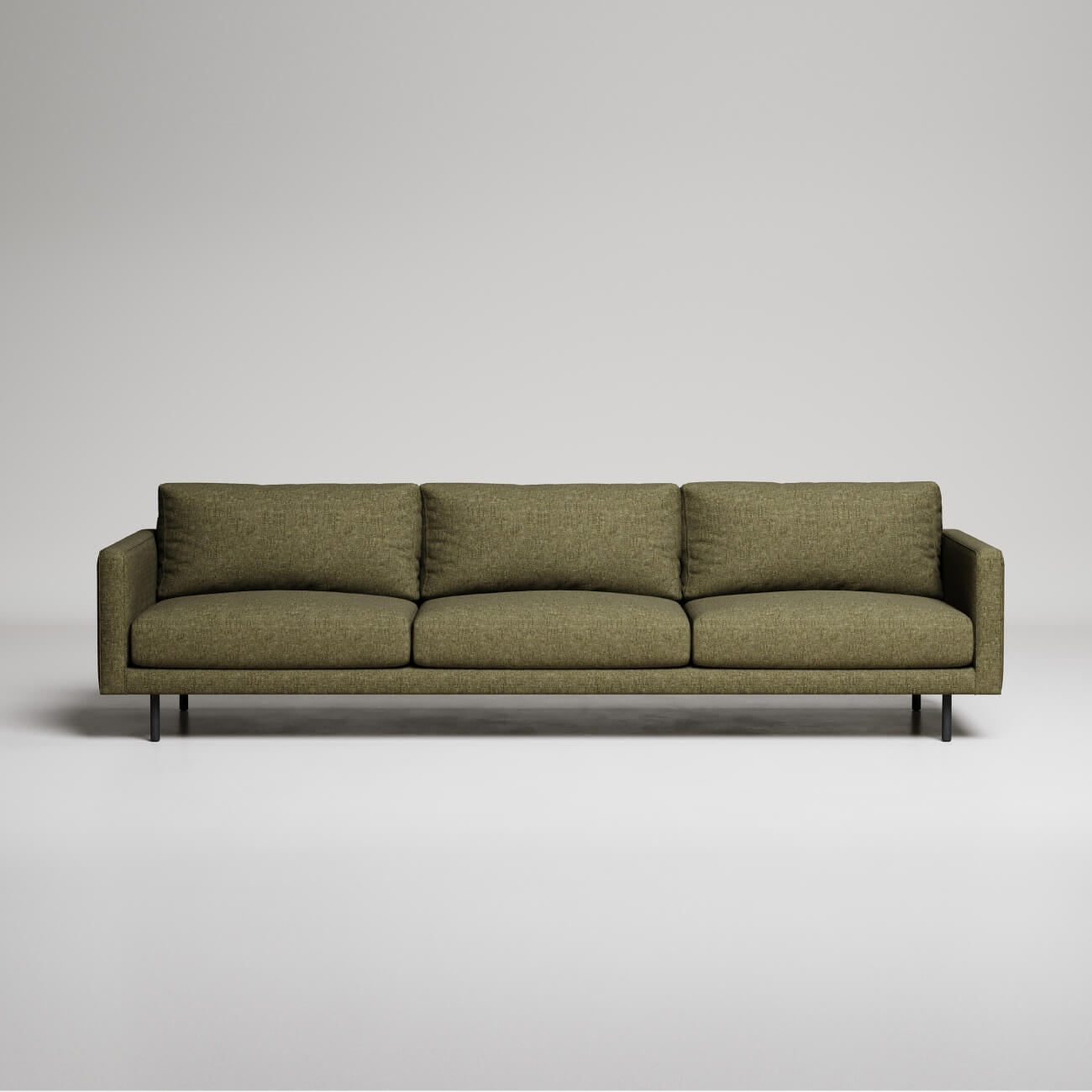Modern olive green 3-seater sofa with slim metal legs against neutral gray background