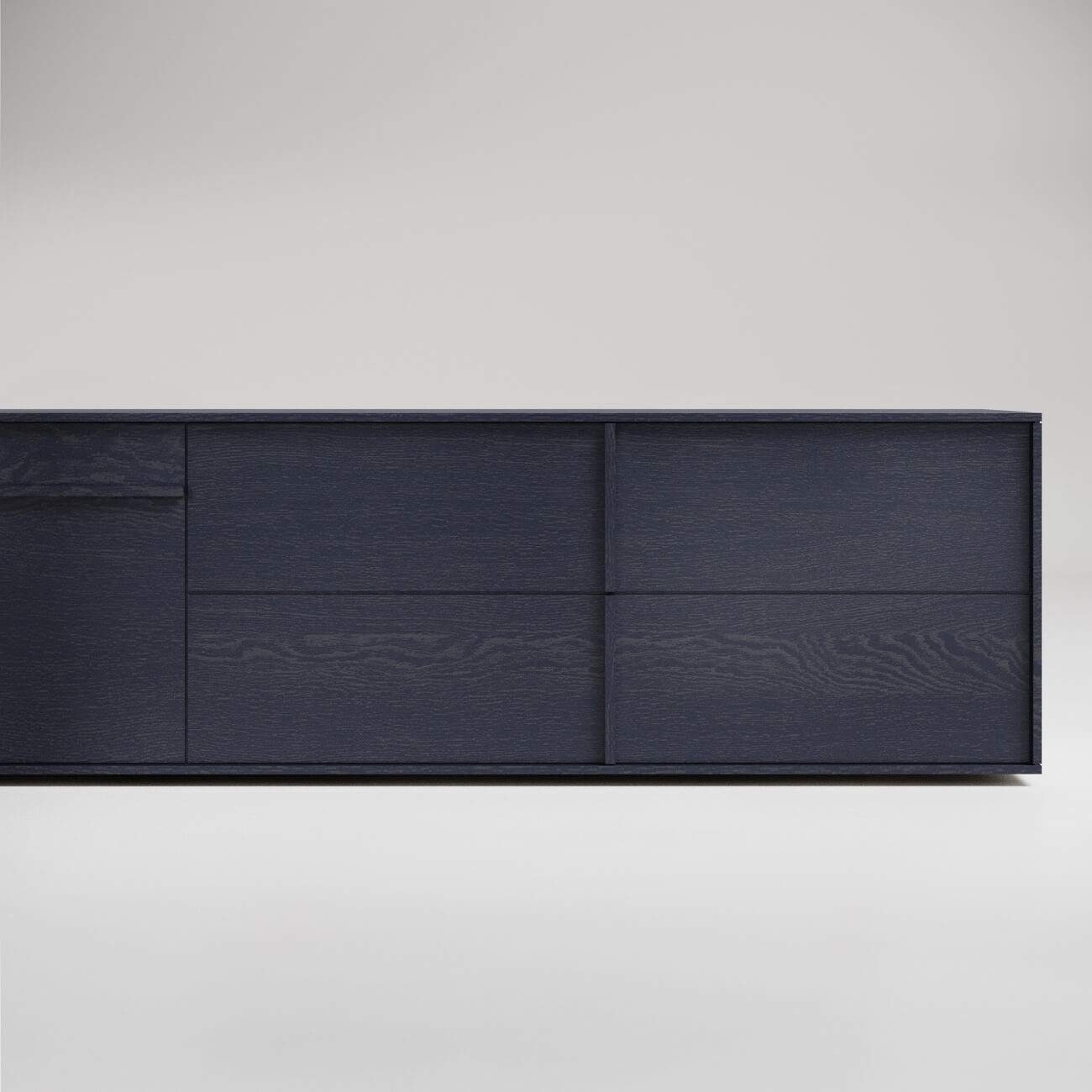 Modern black wooden floating credenza with minimalist design against white wall