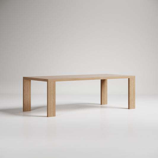 Modern minimalist wooden dining table with thick rectangular legs on white background