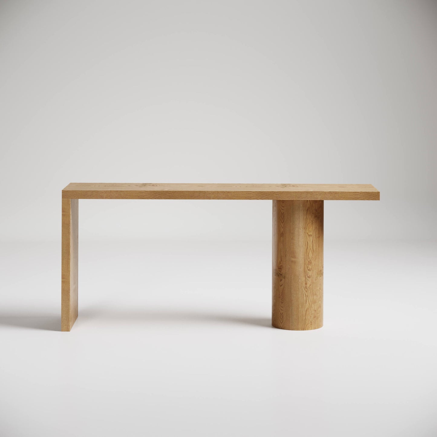 Minimalist wooden console table with cylindrical leg support, modern design against white background