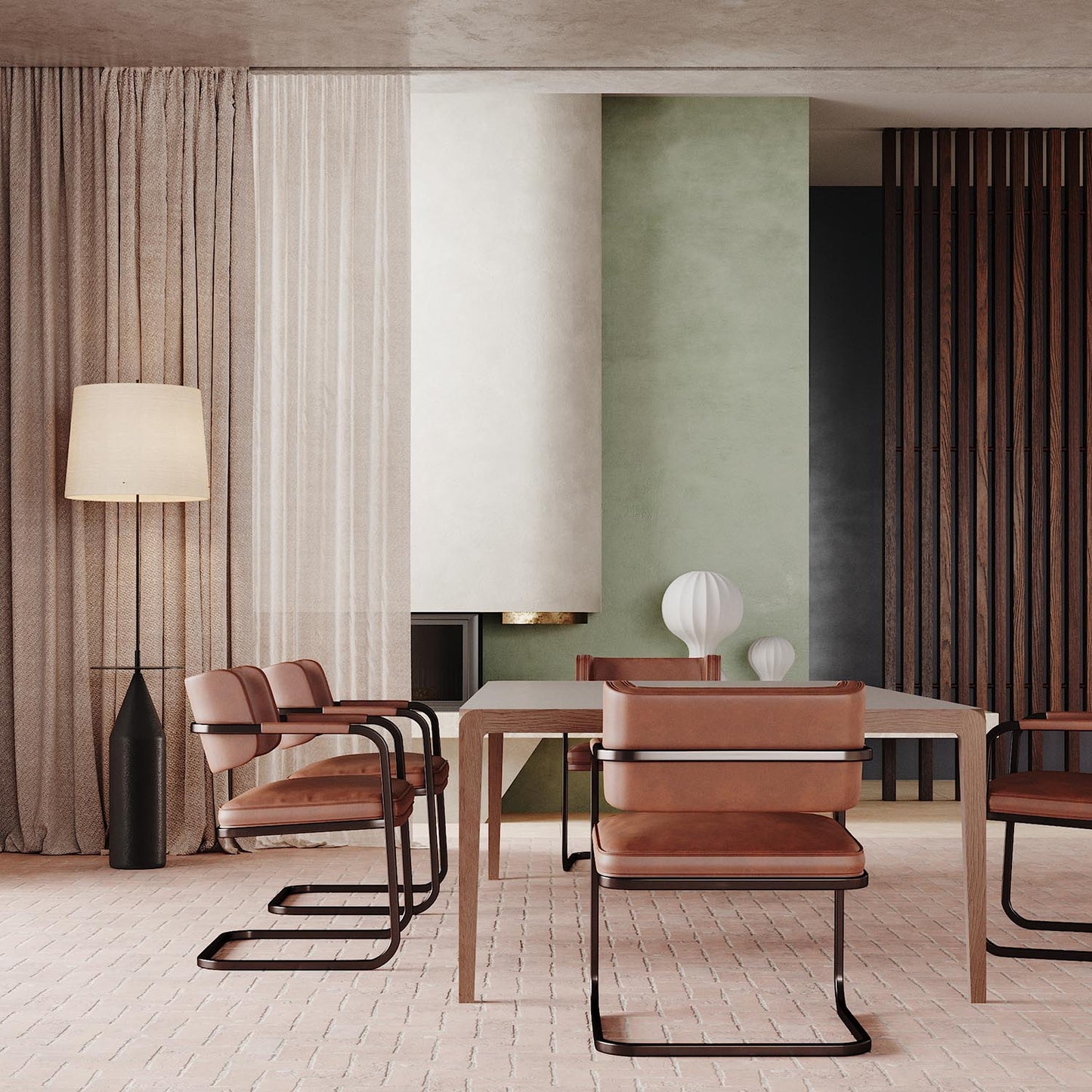 Modern dining room with leather chairs, green accent wall, floor lamp, and wood slat details