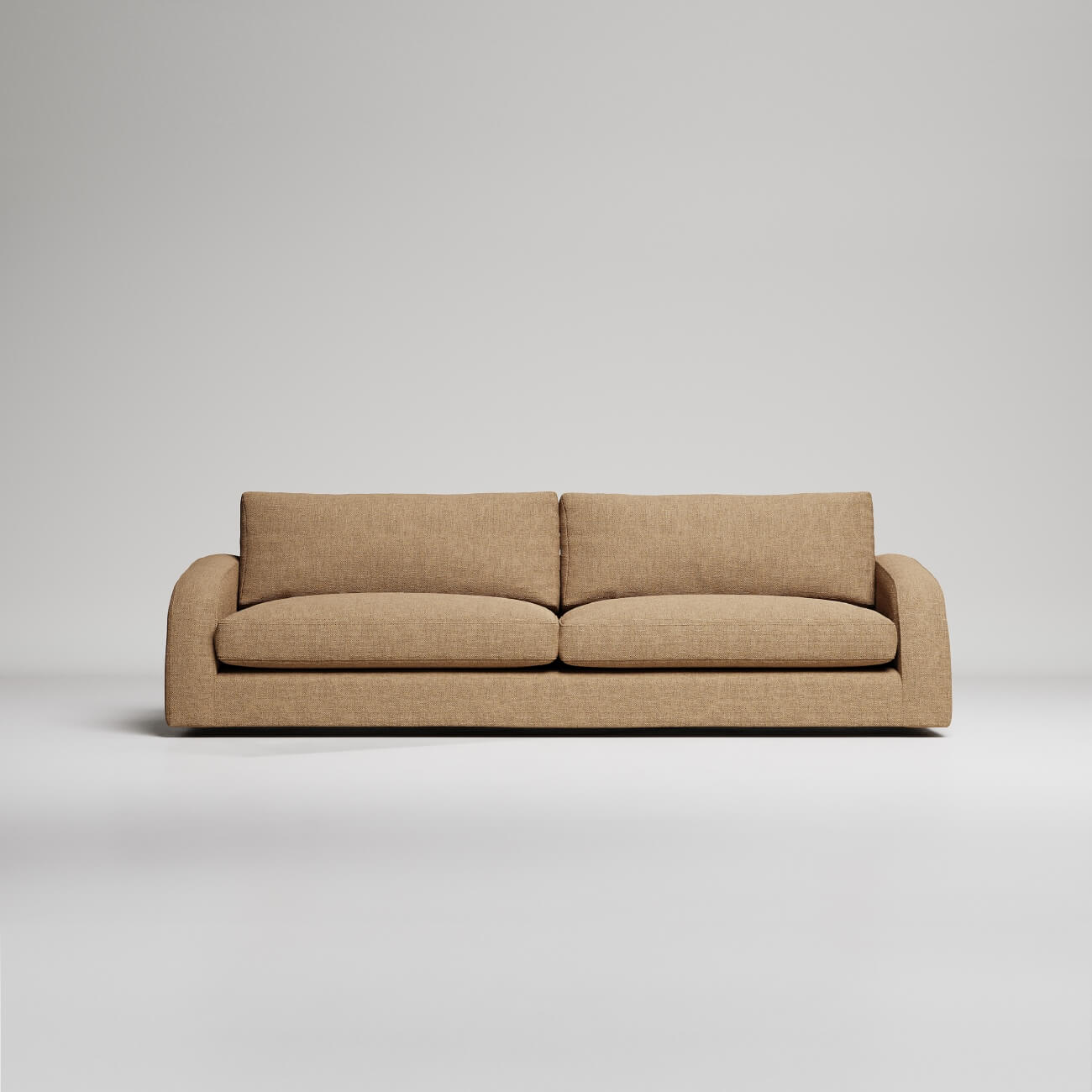 Modern beige linen sofa with clean lines on white background, minimalist contemporary furniture design