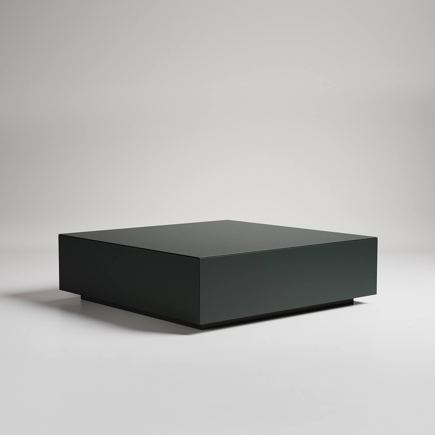 Square black modern coffee table with low profile floating design against white background