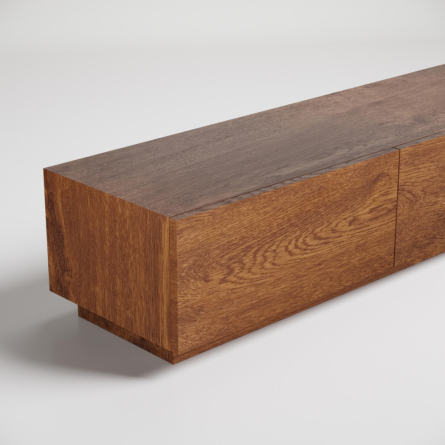 Modern low-profile wooden storage bench with minimalist design against white background
