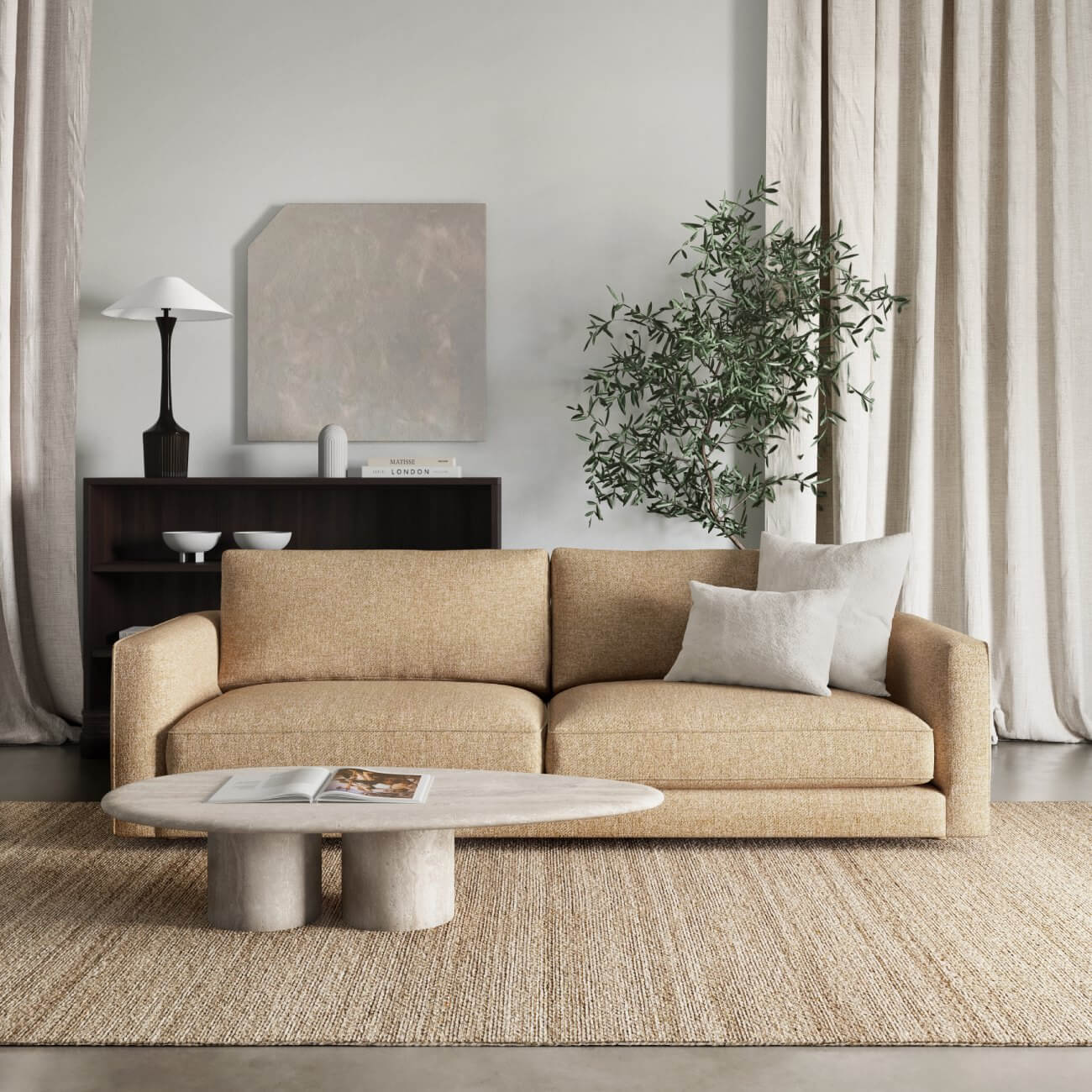 Modern beige sofa with oval concrete coffee table, dark shelf, table lamp, and olive plant in minimalist living room