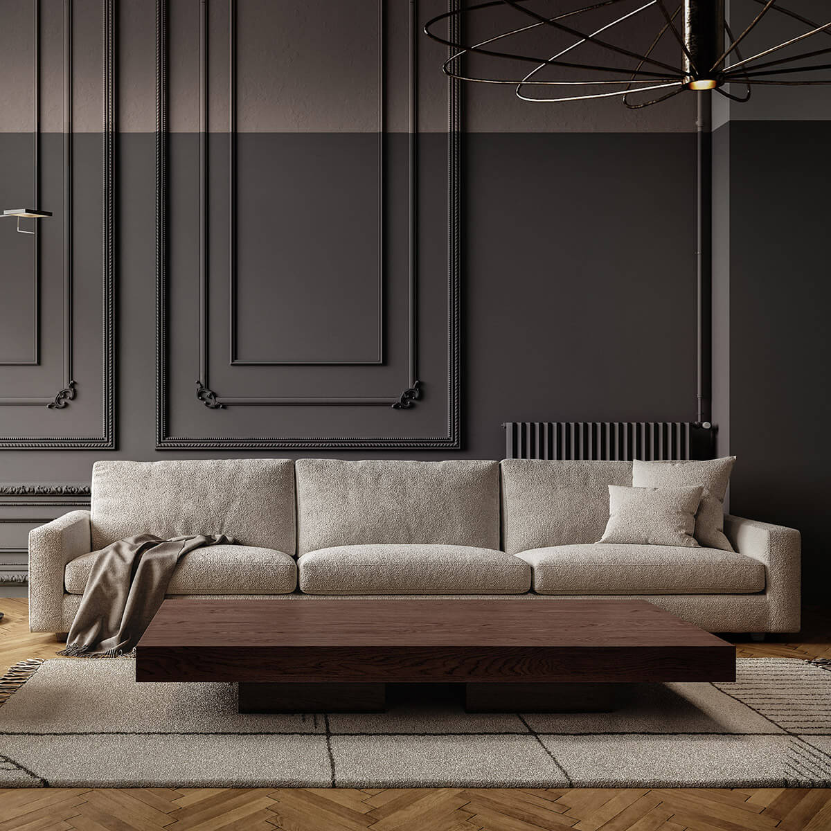 Modern living room with beige sofa, dark walls, ornate molding, wooden coffee table and herringbone floors