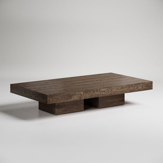 Modern dark oak coffee table with minimalist rectangular design and two block supports on white background