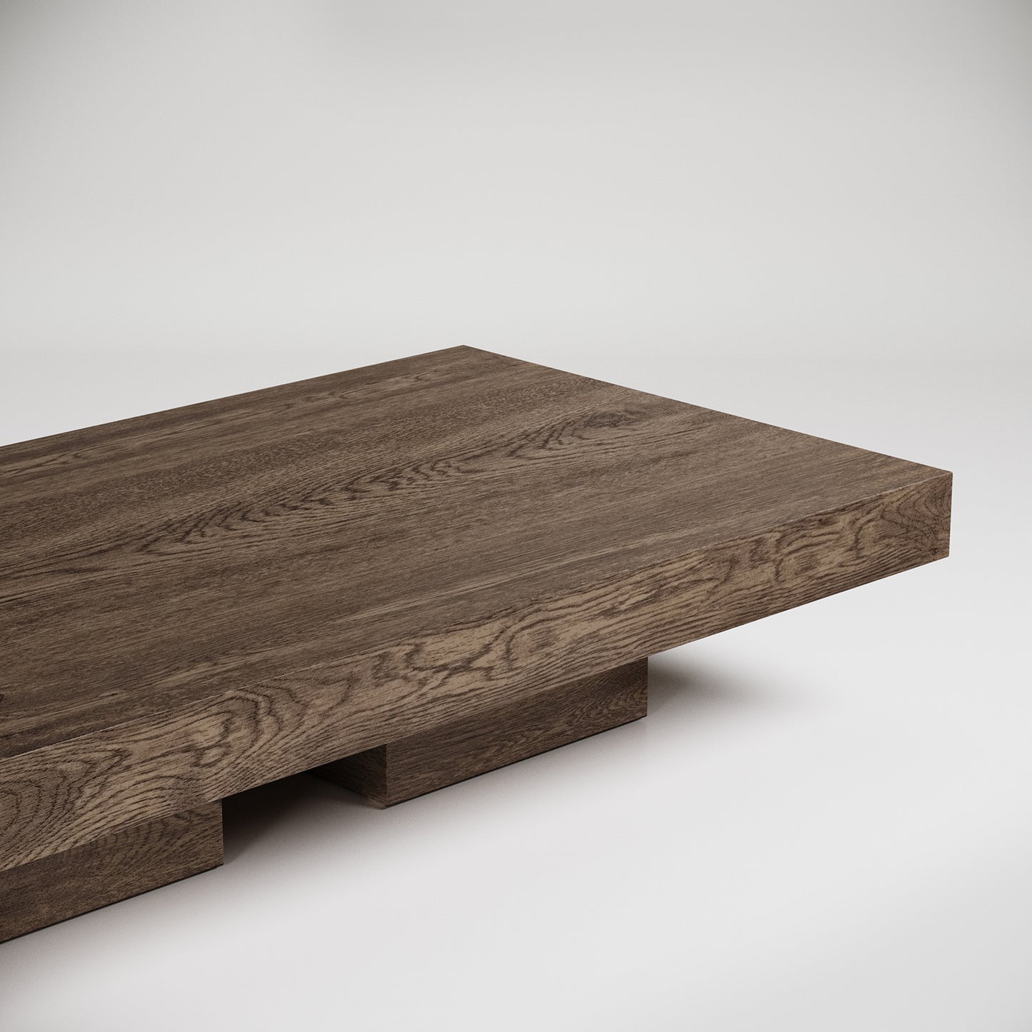 Minimalist dark wood coffee table with sleek rectangular design and geometric base against white background