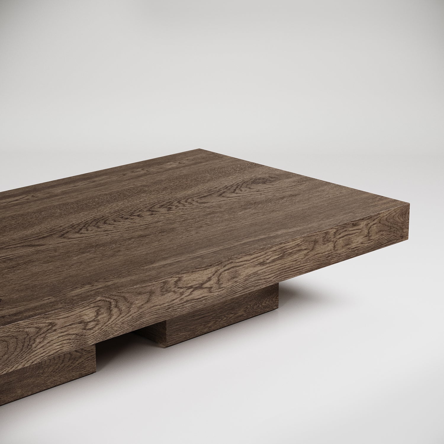 Minimalist dark wood coffee table with sleek rectangular design and geometric base against white background