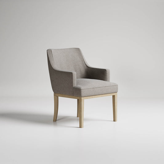 Modern gray upholstered dining chair with light wood legs on white background, minimalist design furniture