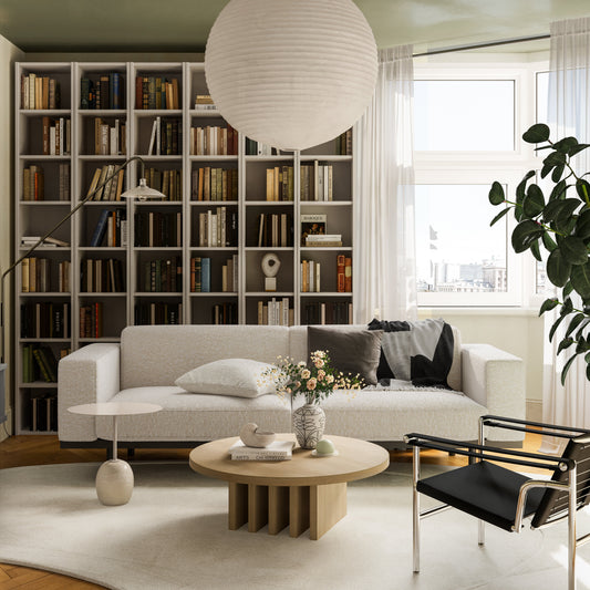 Comfy couch with neutral fabric in modern living room