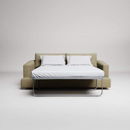 Modern grey sofa bed in compact living room setting