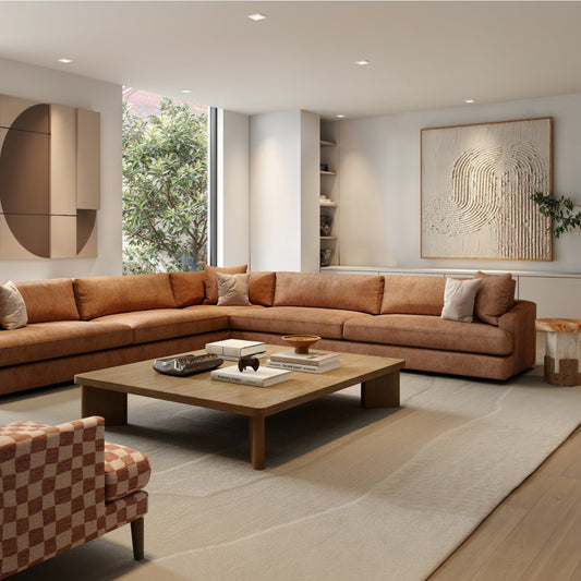 close-up of textured fabric on brown modular sectional