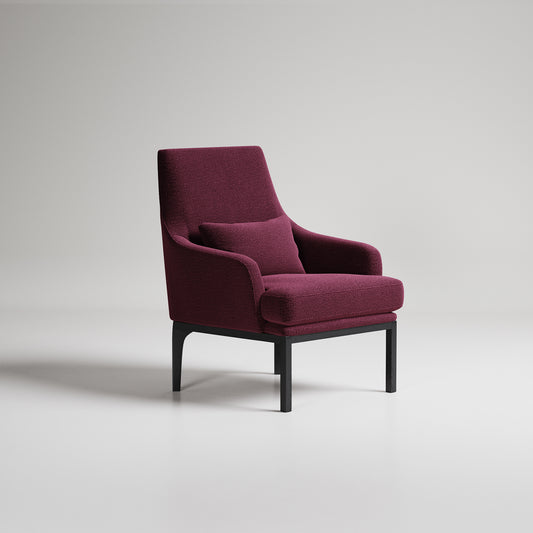 Modern upright port colour boucle armchair with black timber legs