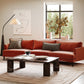 red modular sofa with black marble coffee table in a beautiful room