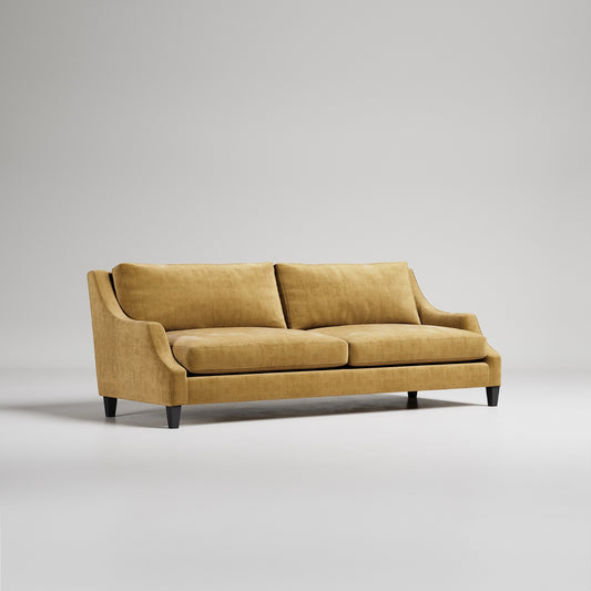 Classic high back gold velvet sofa with dark timber legs