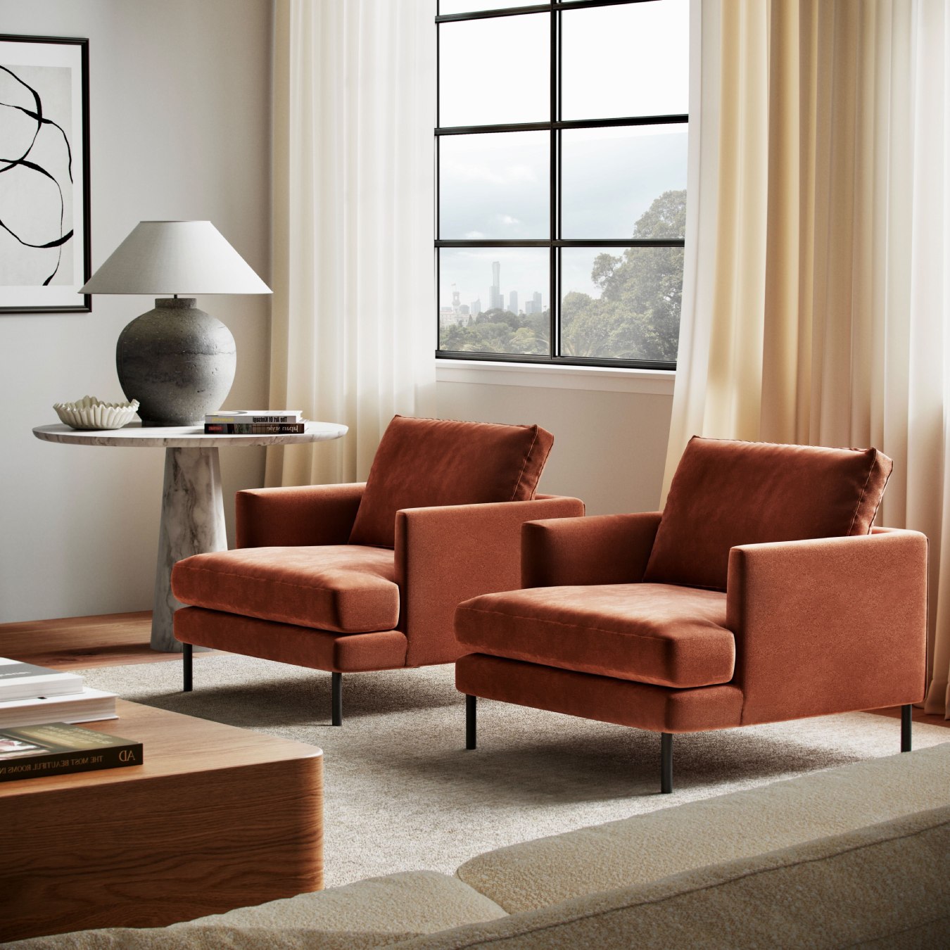Modern Burnt Orange Velvet Armchair In Modern Apartment