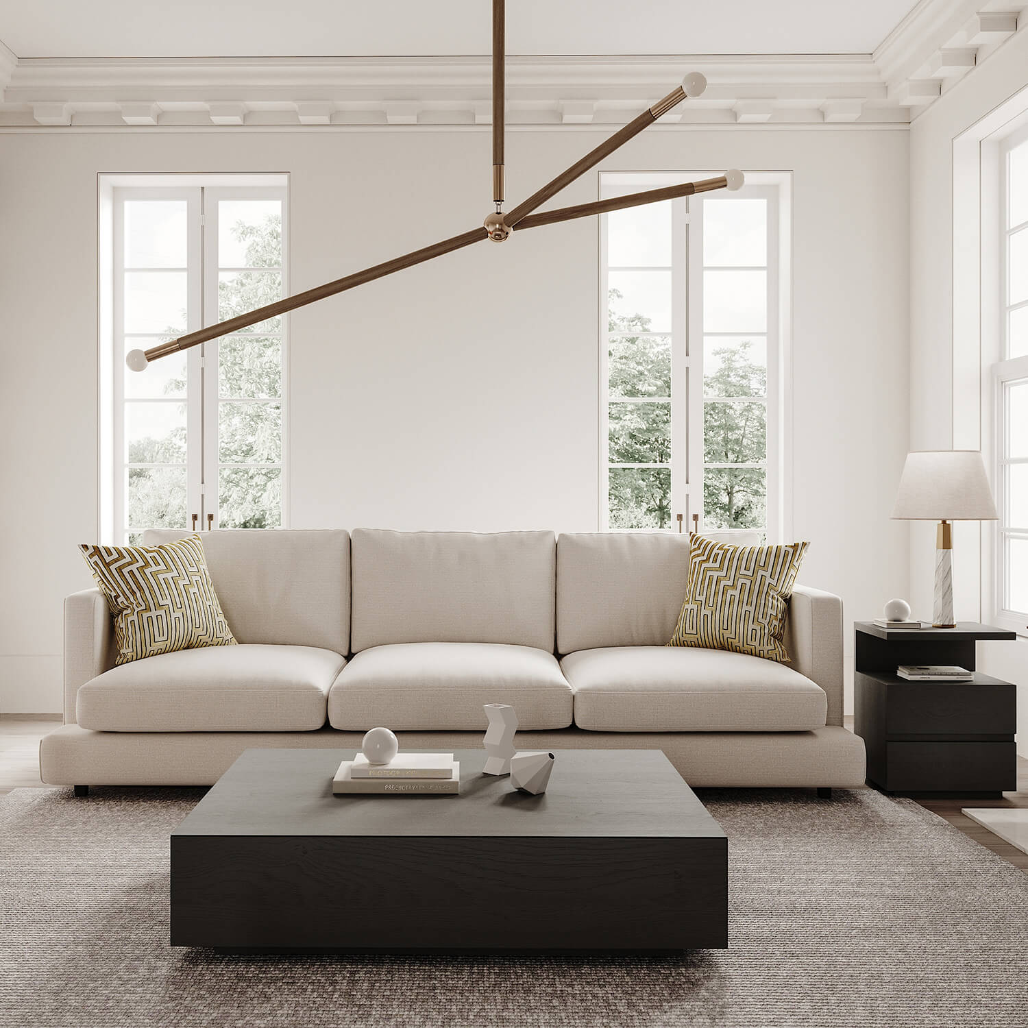 Cream three seater sofa and black coffee table in an elegant room