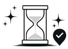 Hourglass with checkmark pin representing timeless style